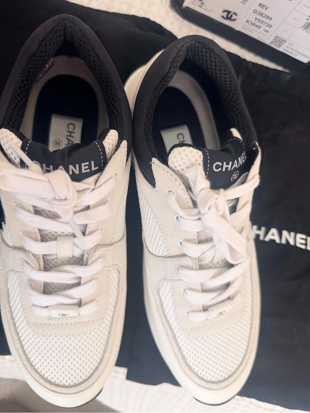 CHANEL Cream and Black Leather Logo Sneakers